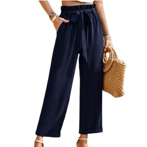 NEW! ANN TAYLOR Factory Navy Tie Waist Wide Leg Crop Ankle Pants 6.